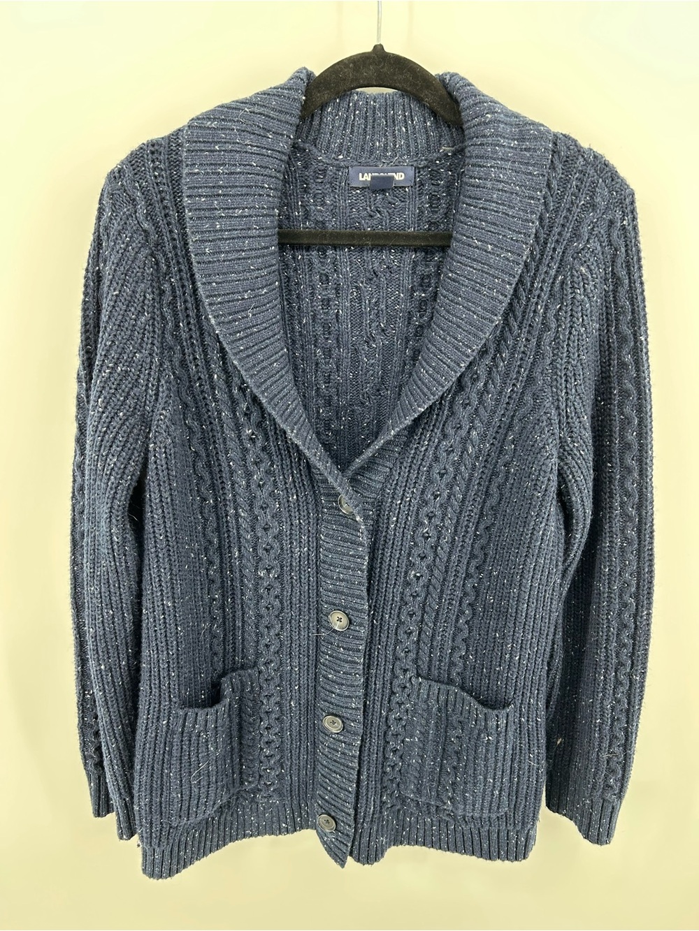 Lands' End Navy Blue Wool Shawl Collar Cable Cardigan